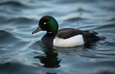 Fototapeta premium Male eider duck with dark green head feathers and bright yellow eye swims on rippling blue water. Bird has white chest and black back. Closeup shot.
