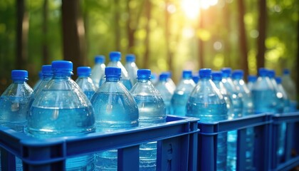 Rows of bottled water in blue crates outdoors. Sunlight shines through green trees creating bright lens flares. Clear plastic bottles with blue caps are stacked for distribution or hydration.