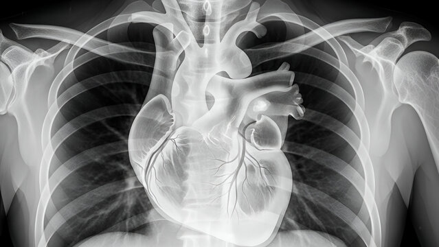 Radiographic examination unveils intricate heart anatomy within the chest cavity offering insights