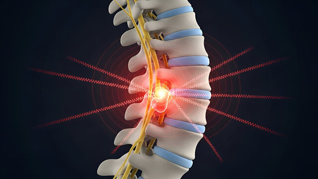 Representation of spinal disc herniation with pain highlighted in red for medical illustration