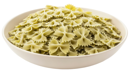 Green farfalle pasta in a bowl isolated PNG, bow tie pasta on transparent background, Italian cuisine ingredient for healthy eating and vegetarian recipes
