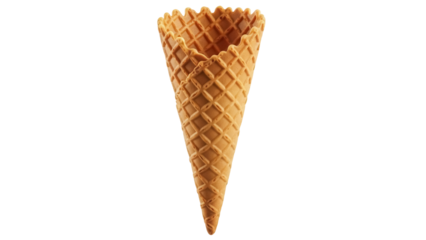 Crisp waffle cone isolated PNG on transparent background, empty ice cream container for sweet dessert and food presentation
