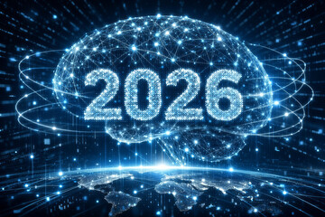 Abstract futuristic visualization of artificial intelligence data sphere with glowing particles and digital elements symbolizing advanced AI technology in 2026.