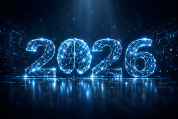 Futuristic artificial intelligence brain visualization with digital network connections and glowing data elements representing AI innovation and technology trends in 2026.