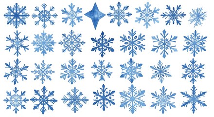 Watercolor depiction featuring diverse blue snowflakes, arranged artfully on a white background