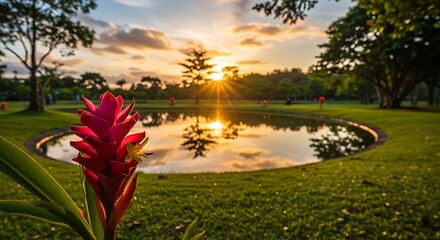 Vivid sunset over a tranquil pond with a bright red ginger flower in the foreground