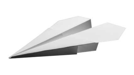 Paper airplane isolated PNG on transparent background, origami aircraft for travel and childhood themes, simple folded toy for creative projects