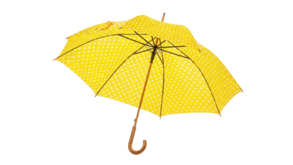 Bright yellow umbrella with white polka dots PNG isolated on transparent background, cheerful rain protection for weather and fashion