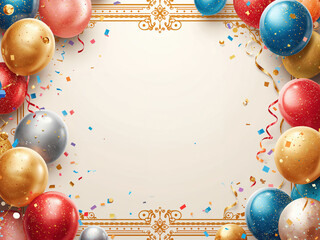 A blank background framed by colorful party balloons and confetti. Ideal vibrant space for a birthday invitation or celebration announcement.