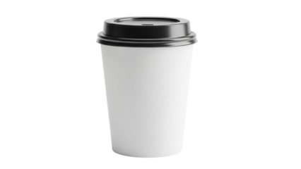 Disposable coffee cup with black lid isolated PNG, blank paper cup for hot drinks on transparent background, takeaway beverage container mockup