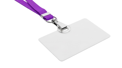 Blank name tag with purple lanyard isolated PNG, identification badge mockup for events and conferences on transparent background