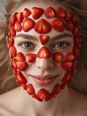 A young woman's face is covered with a natural mask made entirely from fresh strawberry halves. This photo demonstrates organic skincare.