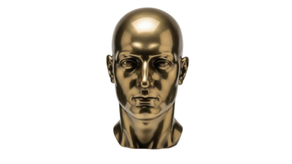 Gold mannequin head isolated PNG on transparent background, shiny metallic sculpture for fashion display and art projects