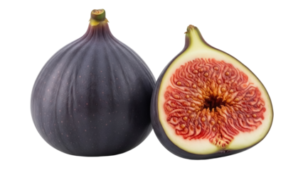 Fresh figs, one whole and one cut in half isolated PNG on transparent background, healthy fruit for food and design use