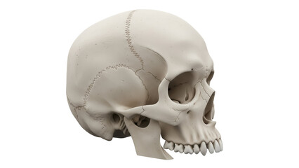 Human skull isolated PNG on transparent background, anatomical model showing bone structure and teeth for medical study and educational resources