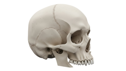 Human skull isolated PNG on transparent background, anatomical model showing bone structure and teeth for medical study and educational resources