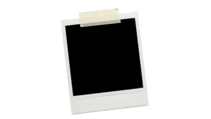 Blank instant photo frame PNG isolated on transparent background, retro style picture with adhesive tape for memories and design use