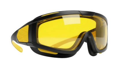 Black and yellow ski goggles with yellow lenses isolated PNG, protective eyewear for winter sports on transparent background