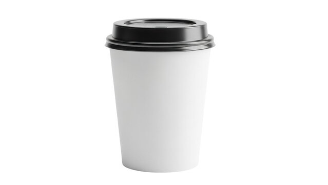 Disposable coffee cup with black lid isolated PNG, blank paper cup for hot drinks on transparent background, takeaway beverage container mockup