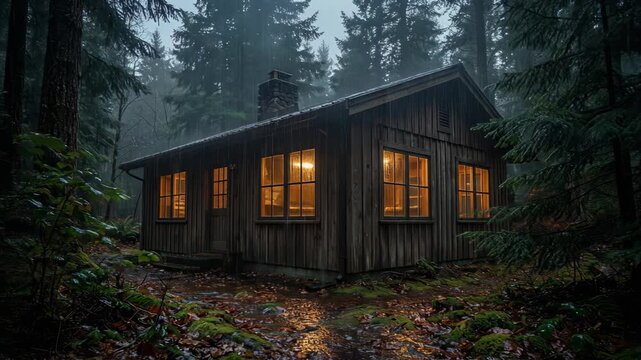 Cozy wooden cabin in a misty forest with glowing windows on a rainy evening