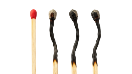 Progression of a matchstick PNG isolated on transparent background, from unused to burnt, conceptual image of change and destruction