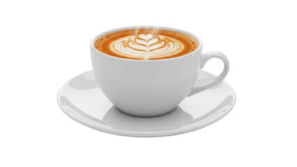 Latte art in a white cup isolated on a saucer PNG, coffee drink with heart design for cafe menu and beverage concepts
