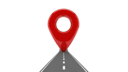 Red map pointer on road PNG isolated, location pin icon for navigation and travel concepts on transparent background