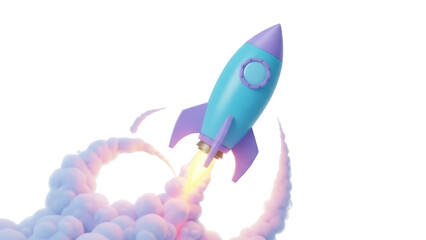 Cartoon rocket ship taking off isolated PNG, vibrant blue and purple space vehicle on transparent background for kids designs