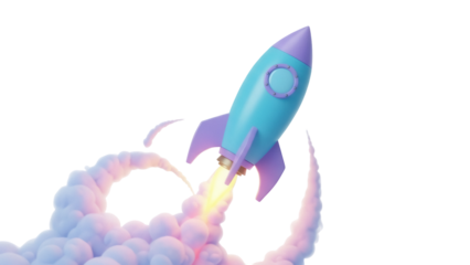 Cartoon rocket ship taking off isolated PNG, vibrant blue and purple space vehicle on transparent background for kids designs