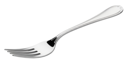Elegant silver fork isolated PNG on transparent background, shiny metal utensil for dining and kitchen use
