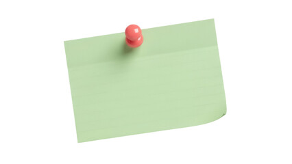 Green sticky note with pink push pin isolated PNG, blank memo paper for reminders and organization on transparent background