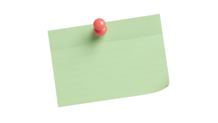 Green sticky note with pink push pin isolated PNG, blank memo paper for reminders and organization on transparent background