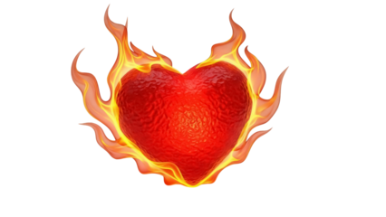Fiery heart PNG isolated on transparent background, burning love symbol for Valentine s Day and romantic designs, passion and intense emotion