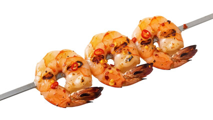 Grilled shrimp skewers with chili flakes isolated PNG, spicy seafood appetizer on transparent background for restaurant menu and food blog