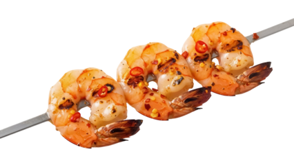 Grilled shrimp skewers with chili flakes isolated PNG, spicy seafood appetizer on transparent background for restaurant menu and food blog