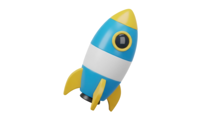 Cartoon rocket ship PNG isolated on transparent background, blue and yellow space shuttle for kids projects and educational materials