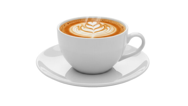 Latte art in a white cup isolated on a saucer PNG, coffee drink with heart design for cafe menu and beverage concepts