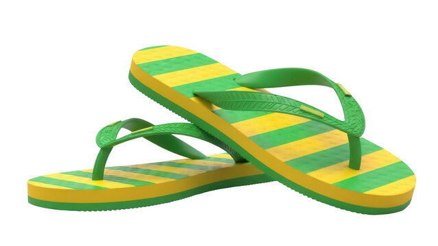 Striped green and yellow flip flops PNG isolated on transparent background, summer footwear for beach and vacation