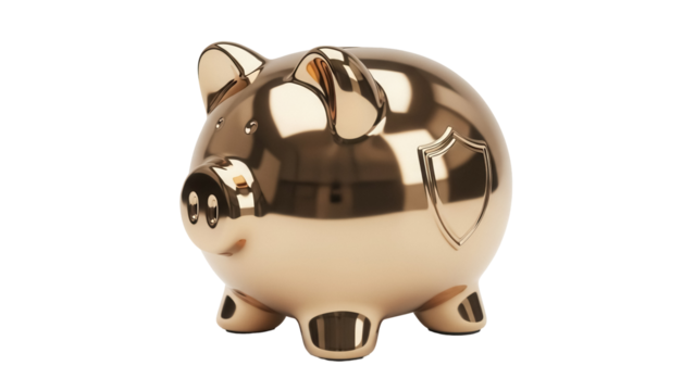 Golden piggy bank isolated PNG on transparent background, shiny gold savings concept for financial security and investment planning - Powered by Adobe