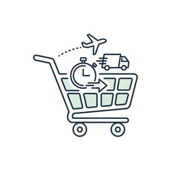 Shopping cart with clock, airplane, and delivery truck illustration representing fast shipping concept