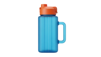 Blue water bottle with orange lid isolated PNG, reusable container for sports and fitness on transparent background