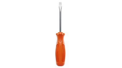 Orange handled flathead screwdriver isolated PNG, hand tool for construction and repair on transparent background
