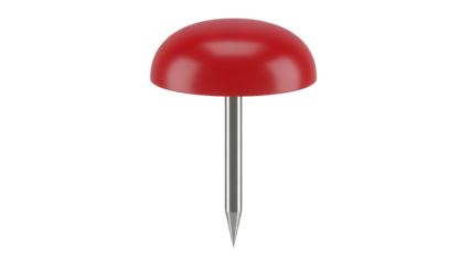 Red push pin isolated PNG on transparent background, thumbtack for bulletin board or office supply, realistic rendering