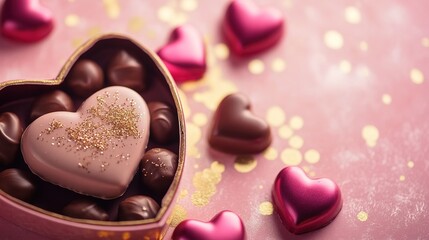 Macro Shot of Open Heart-Shaped Box with Scattered Chocolates on Liquid Gold and Matte Pink Background, Shallow Depth of Field
