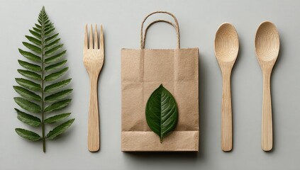 Sustainable dining leaf, fork, bag, and spoons