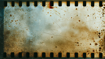 Distressed and aged film strip background with grunge texture, scratches, and dust particles