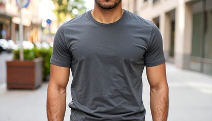 Front View of a Man Wearing a Dark Gray Blank T-Shirt Mockup, Perfect for Apparel Design Showcase