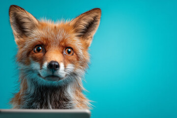 Fototapeta premium Curious red fox with laptop on teal background looking directly at camera