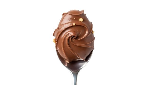 Delicious chocolate hazelnut spread on a spoon isolated PNG, sweet dessert topping for breakfast and snacks on transparent background