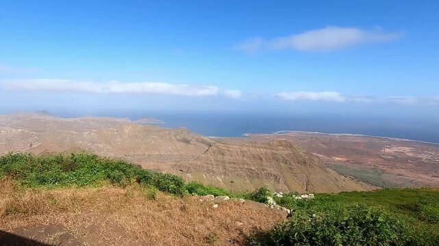 Descending from the summit of Monte Verde on S&atilde;o Vicente Island, Cape Verde overlooking valley and coast on the right of the vehicle